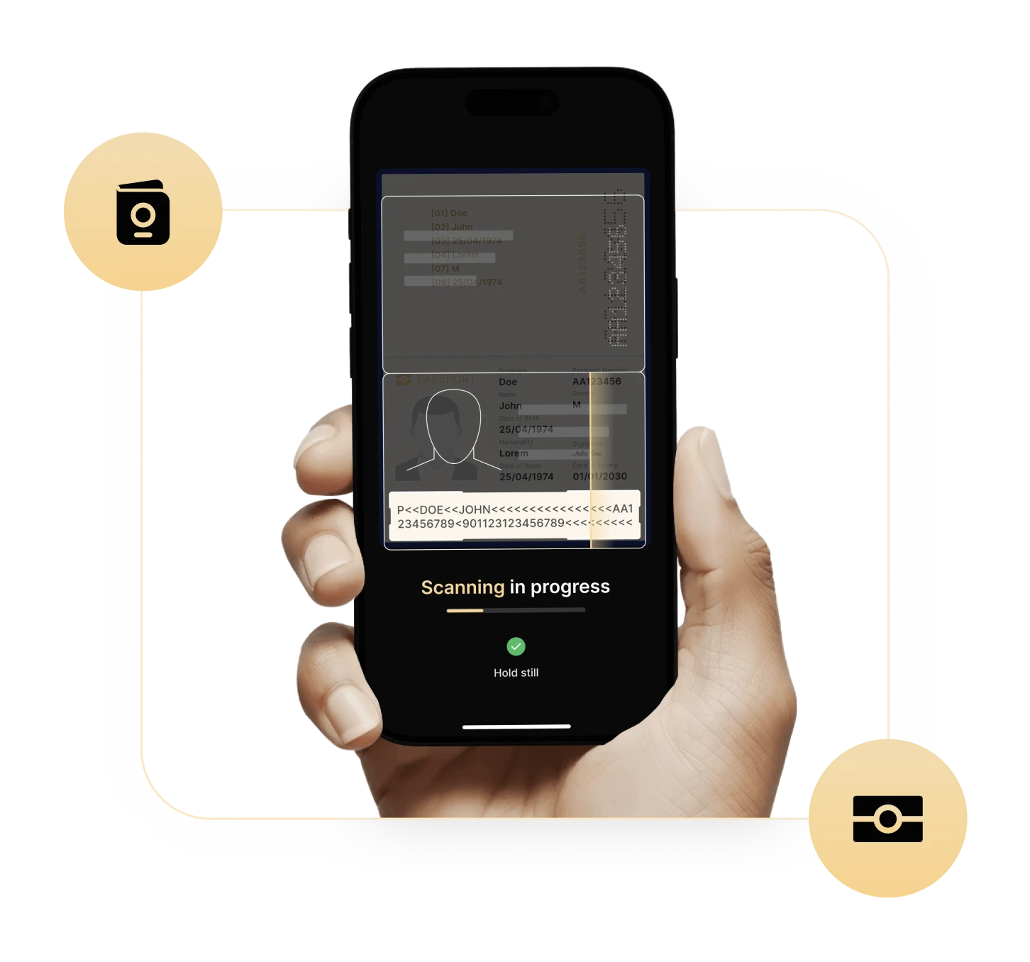 Hand holding a phone scanning a passport, with the camera and chip-reader icons highlighted in gold