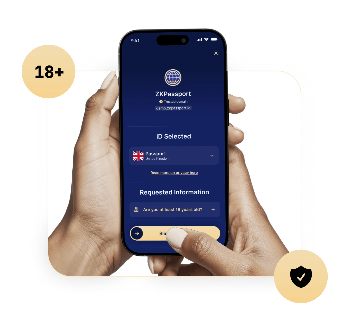 Two hands holding a phone showing the ZKPassport request screen with 18+ and shield-check badges floating beside it
